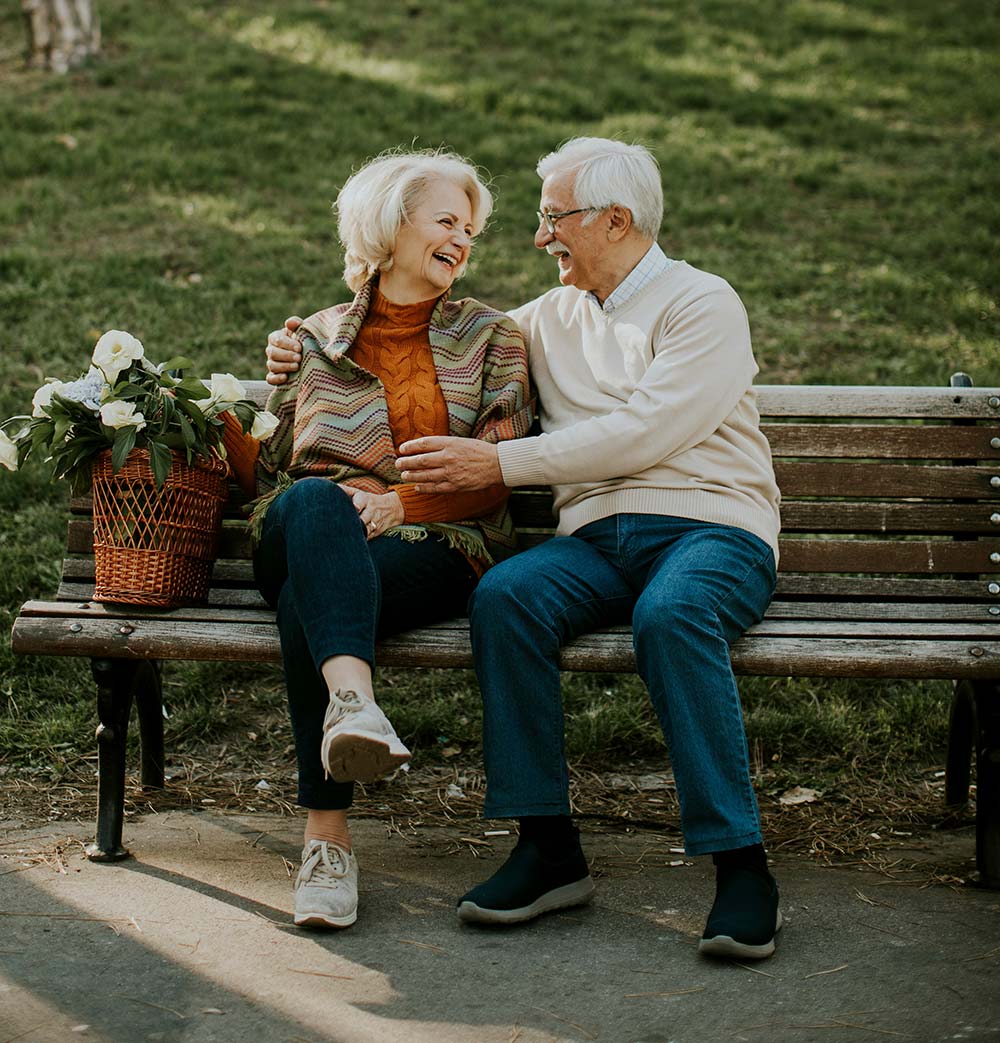 handsome senior couple sitting on the bench