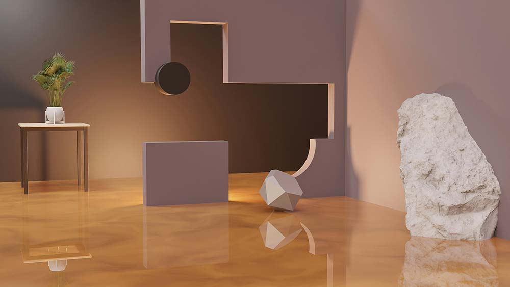A room with a rock and a vase on a table.