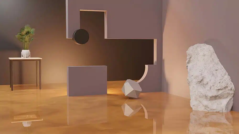 A room with a rock and a vase on a table.