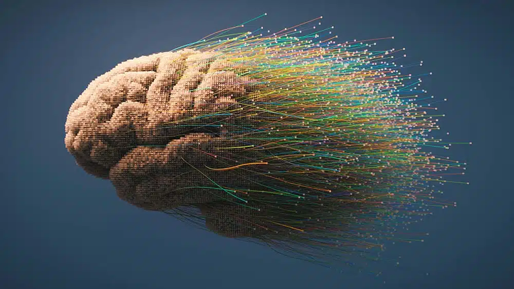 Abstract futuristic human brain with colorful fibers.