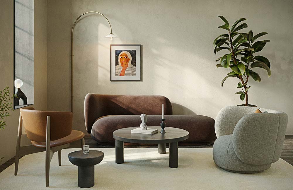Curved sofa and matching armchairs